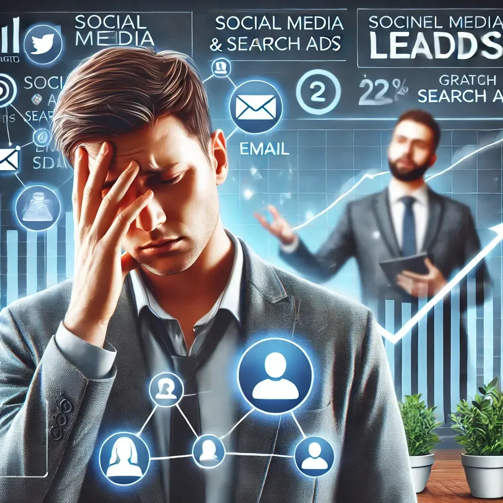 DALL E 2025 03 17 14 11 16 A professional digital marketing concept featuring a business owner looking frustrated while missing out on leads with floating icons of social media