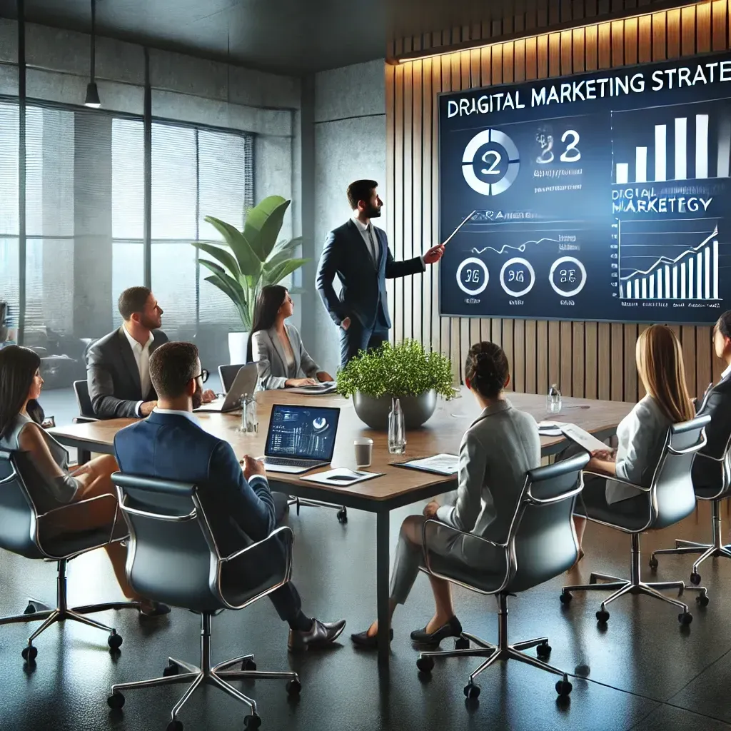 DALL E 2025 03 17 14 24 03 A realistic business setting showcasing strategic marketing expertise A professional marketing consultant is leading a team meeting in a modern offic