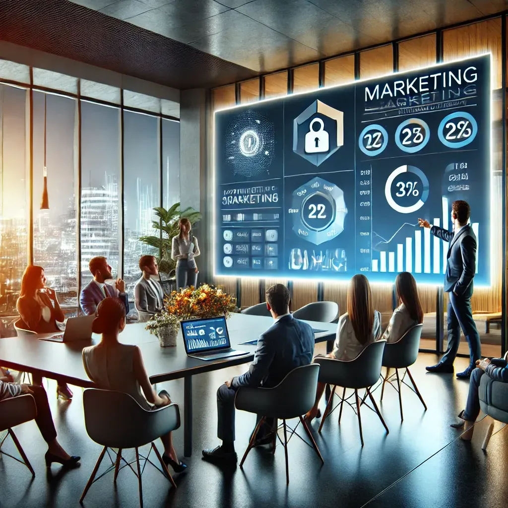 DALL E 2025 03 17 15 21 53 A realistic and professional business marketing setting A marketing strategist is presenting a growth plan on a large digital screen in a modern offi