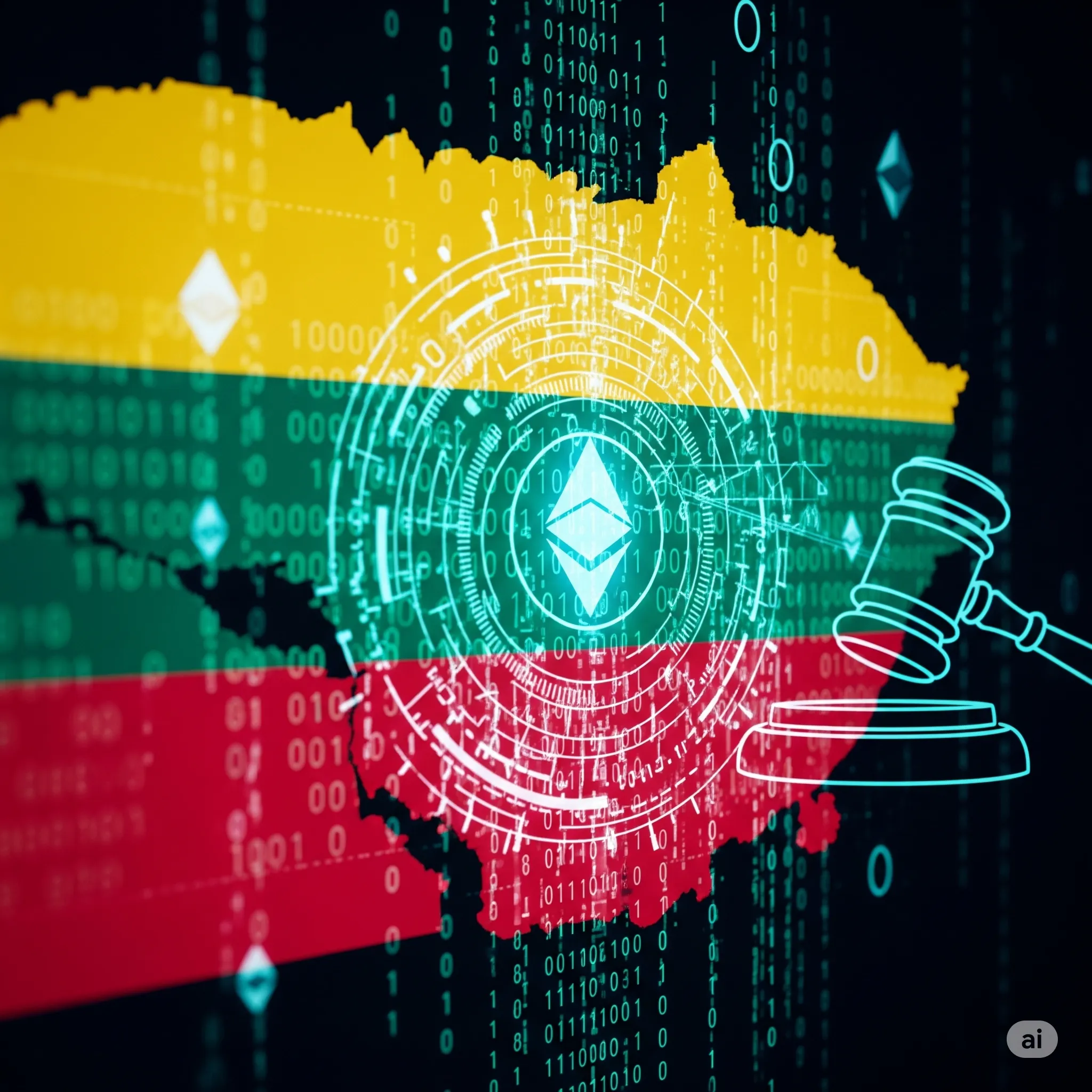 image blending the Lithuanian flag with digital footprint, cryptocurrency, and law – a vibrant visual of national identity in the digital age.