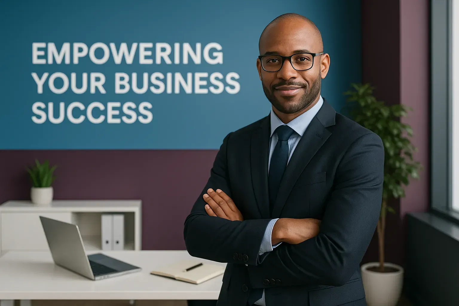 a banner image showing a confident business consultant in