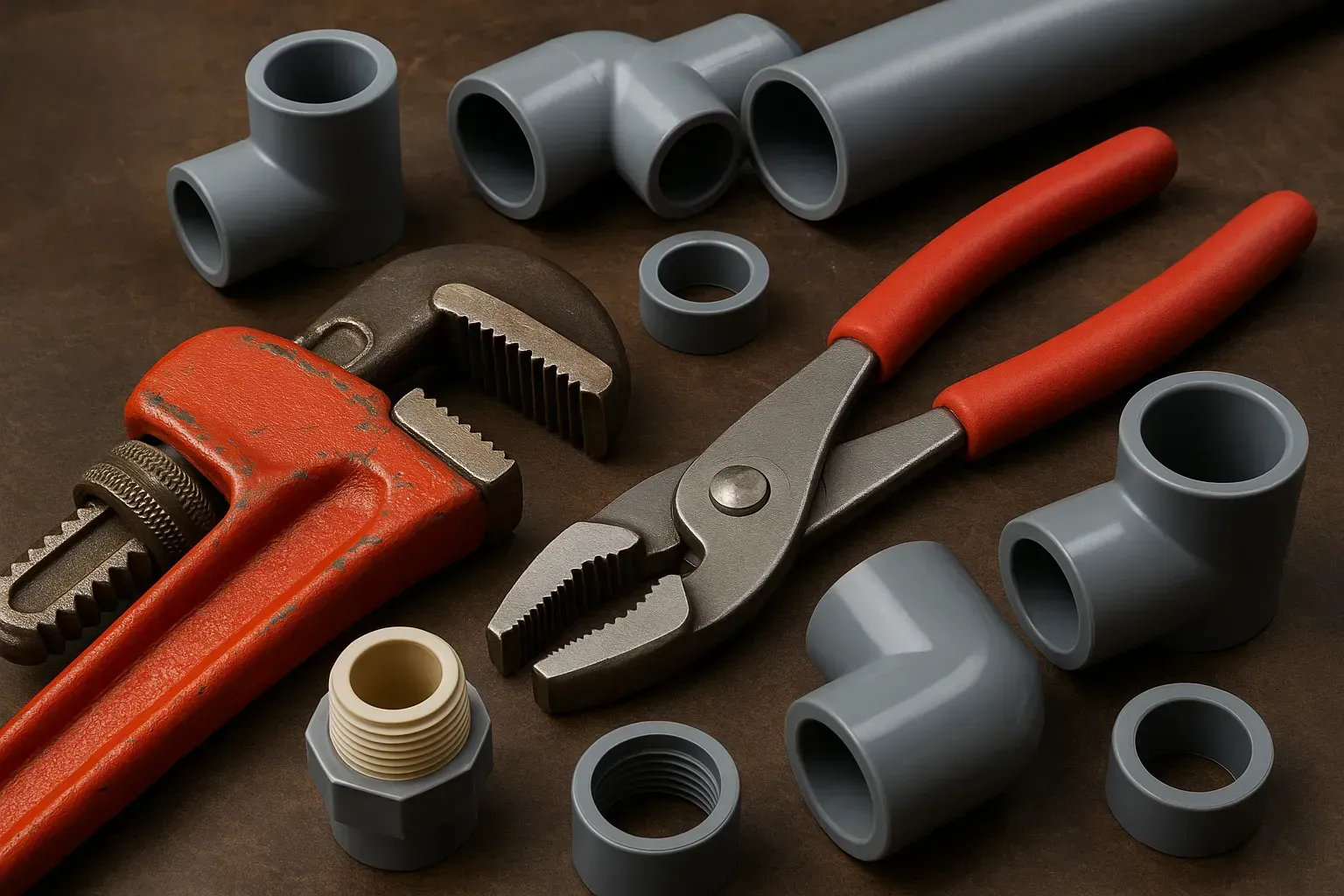 a close up photo of plumbing tools on a workbench pipe