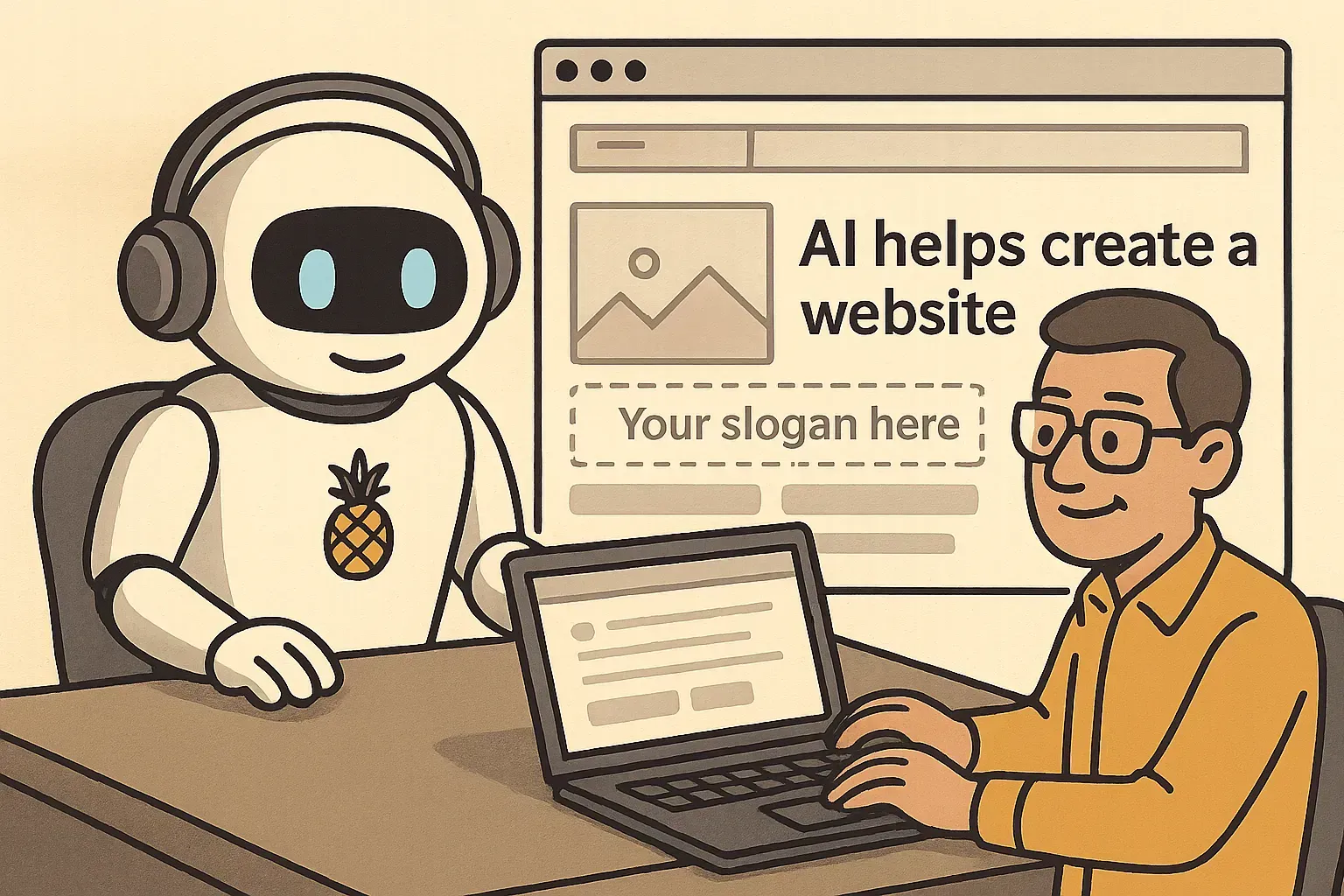a friendly robot assistant with a pineapple logo sitting