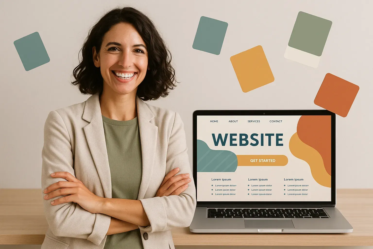 a happy solo consultant stands in front of a newly designed