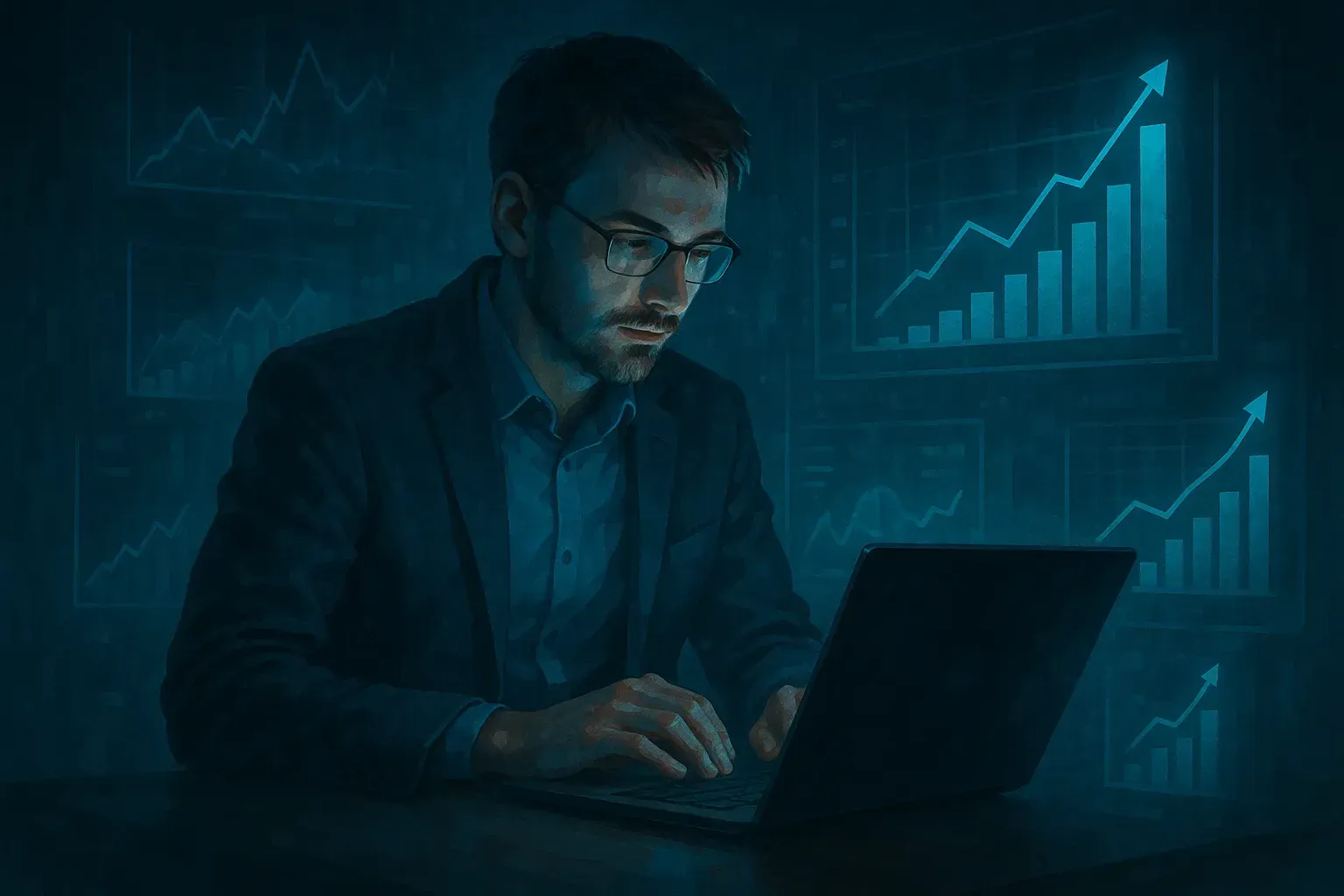 a lone consultant working on a laptop with growth charts