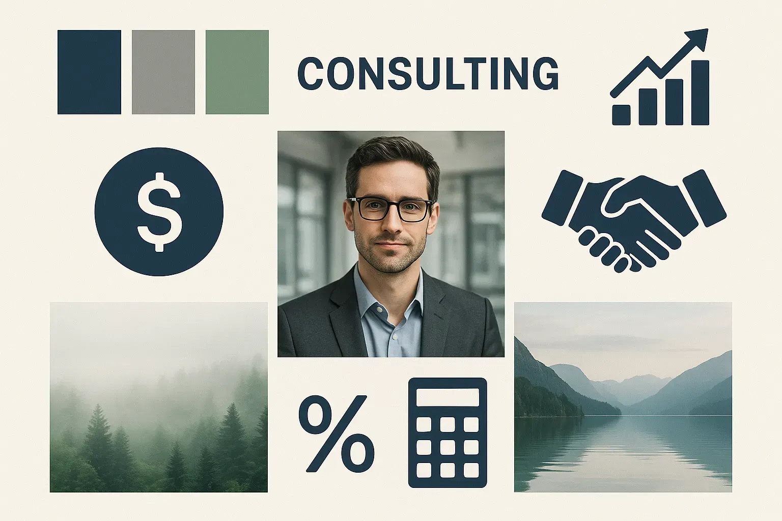 a professional consultants brand mood board with navy blue