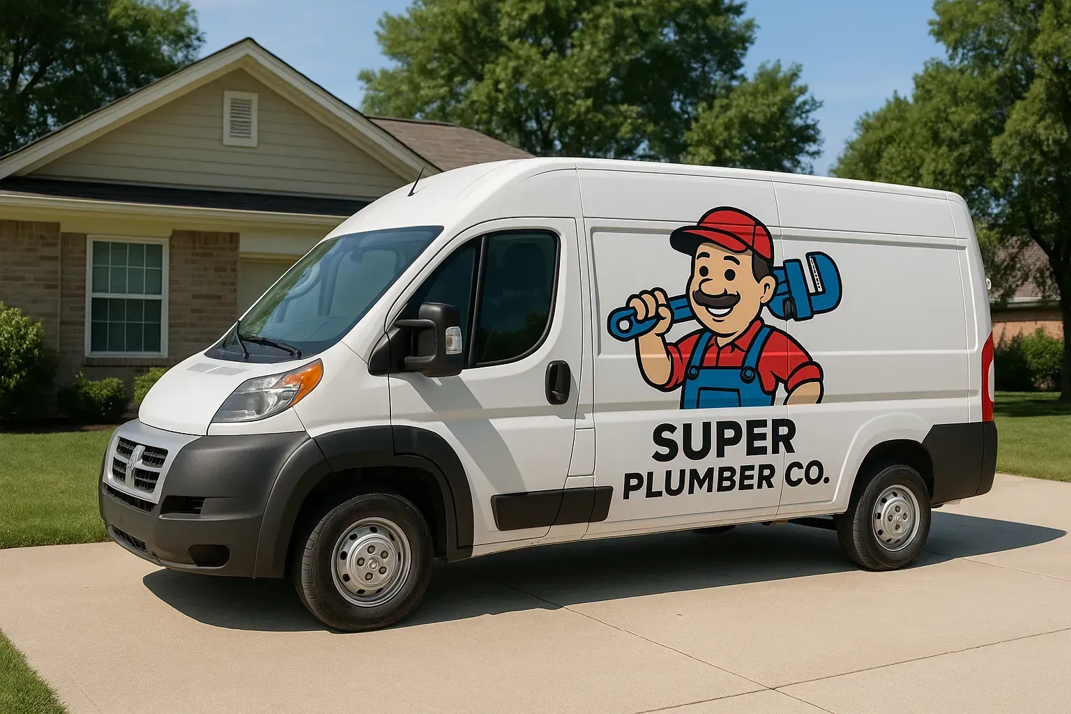 a white plumbing service van parked in a driveway with a car