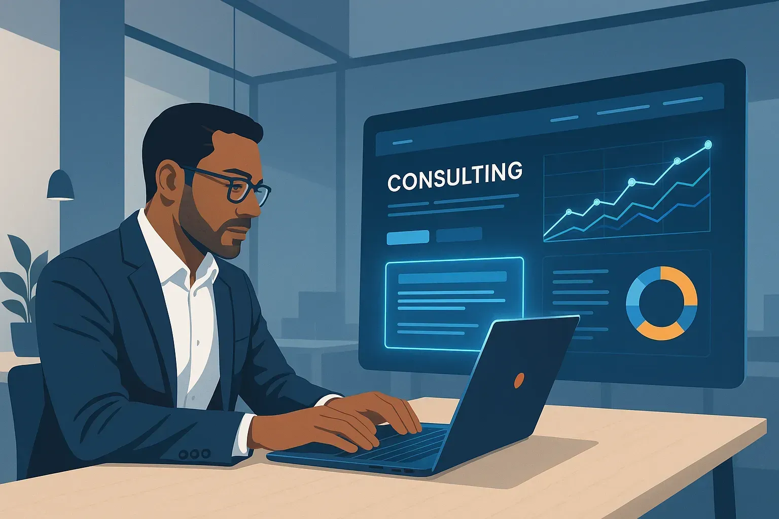 business consultant working on a laptop in a modern workspace
