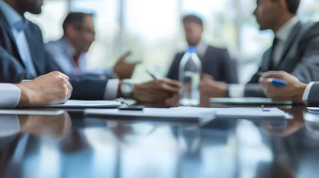 business meeting progress with participants seated around reflective table with focus their hands materials front them 132358 89359 1