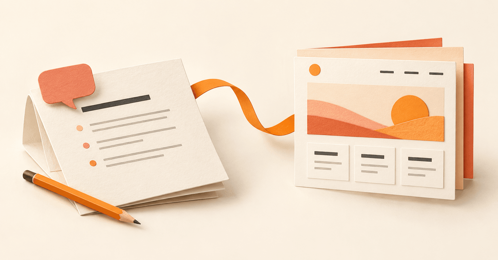 A conversation brief and pencil connected to a paper website layout