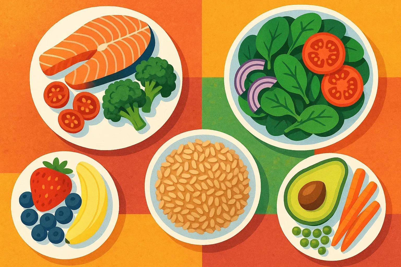 colorful illustration of healthy foods on plates viewed