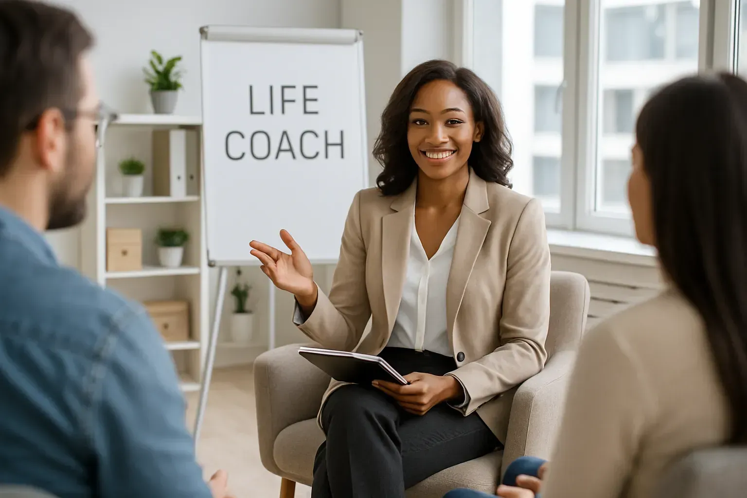 confident life coach leading a discussion with clients