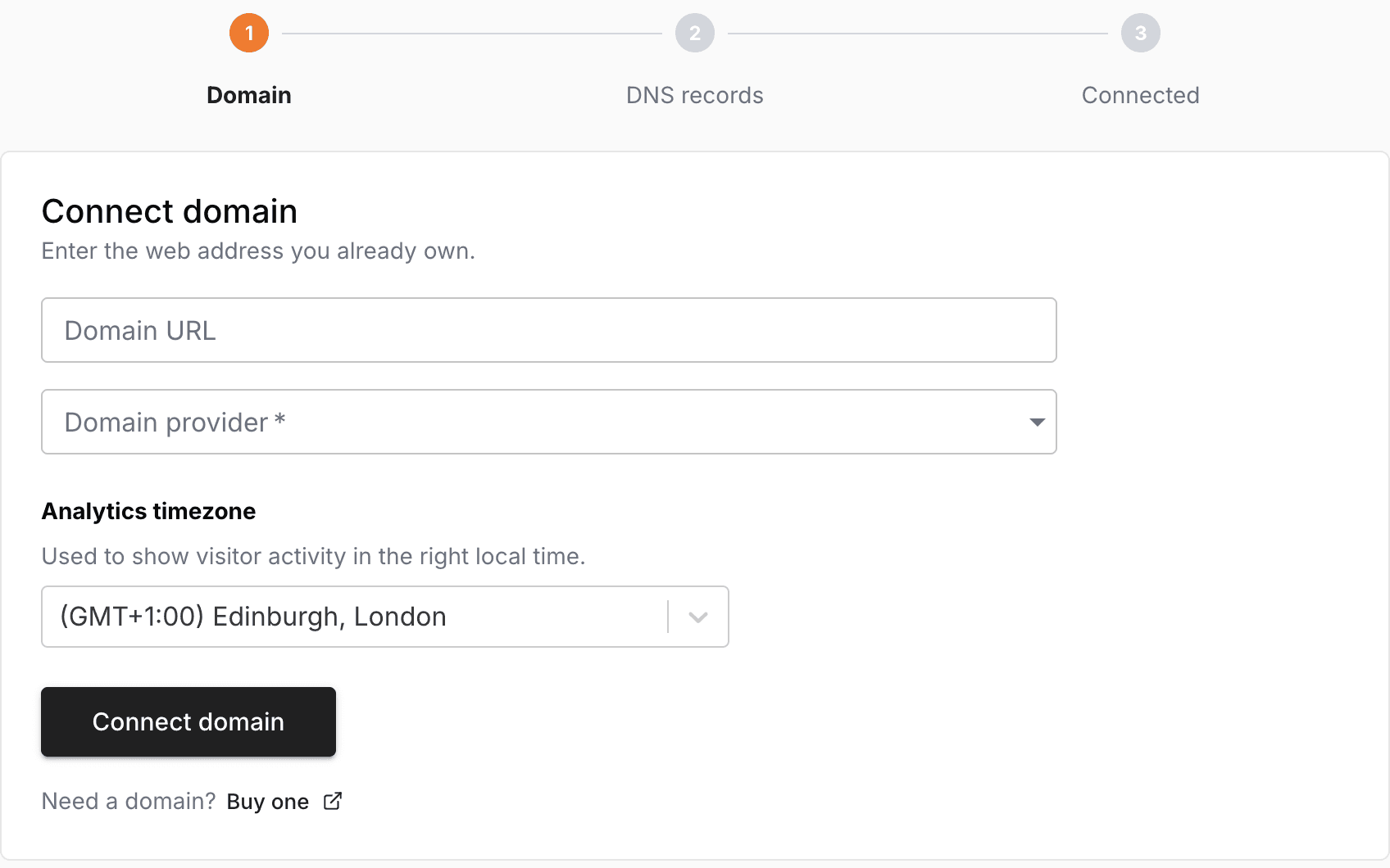 Pineapple domain form with Domain URL, Domain provider, Analytics timezone and Connect domain