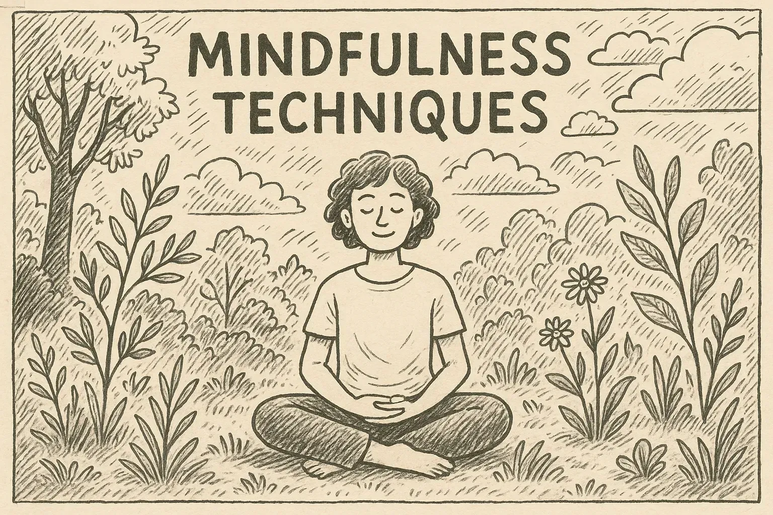 hand drawn style illustration of a person meditating among