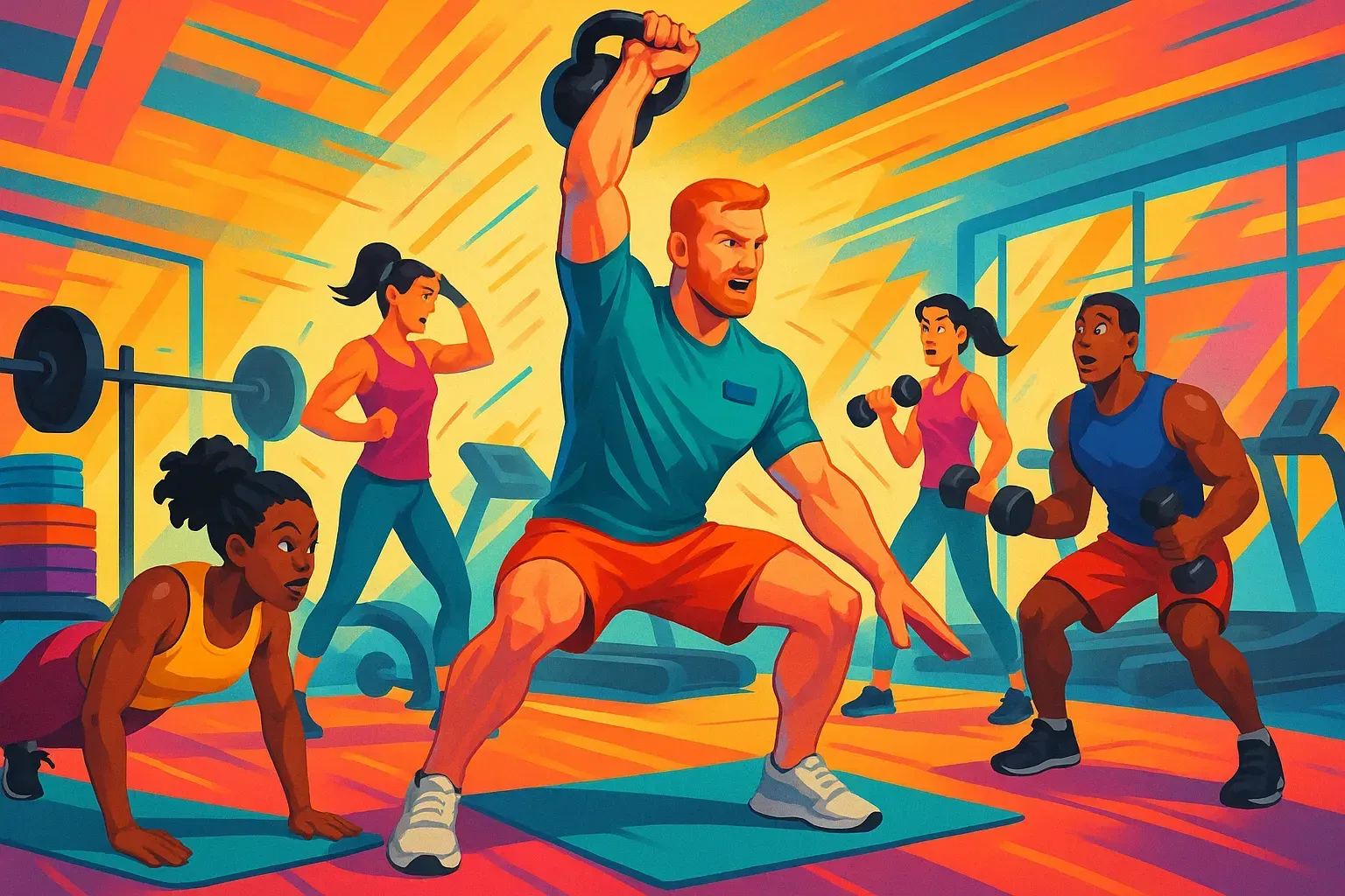 high energy gym scene with a personal trainer demonstrating