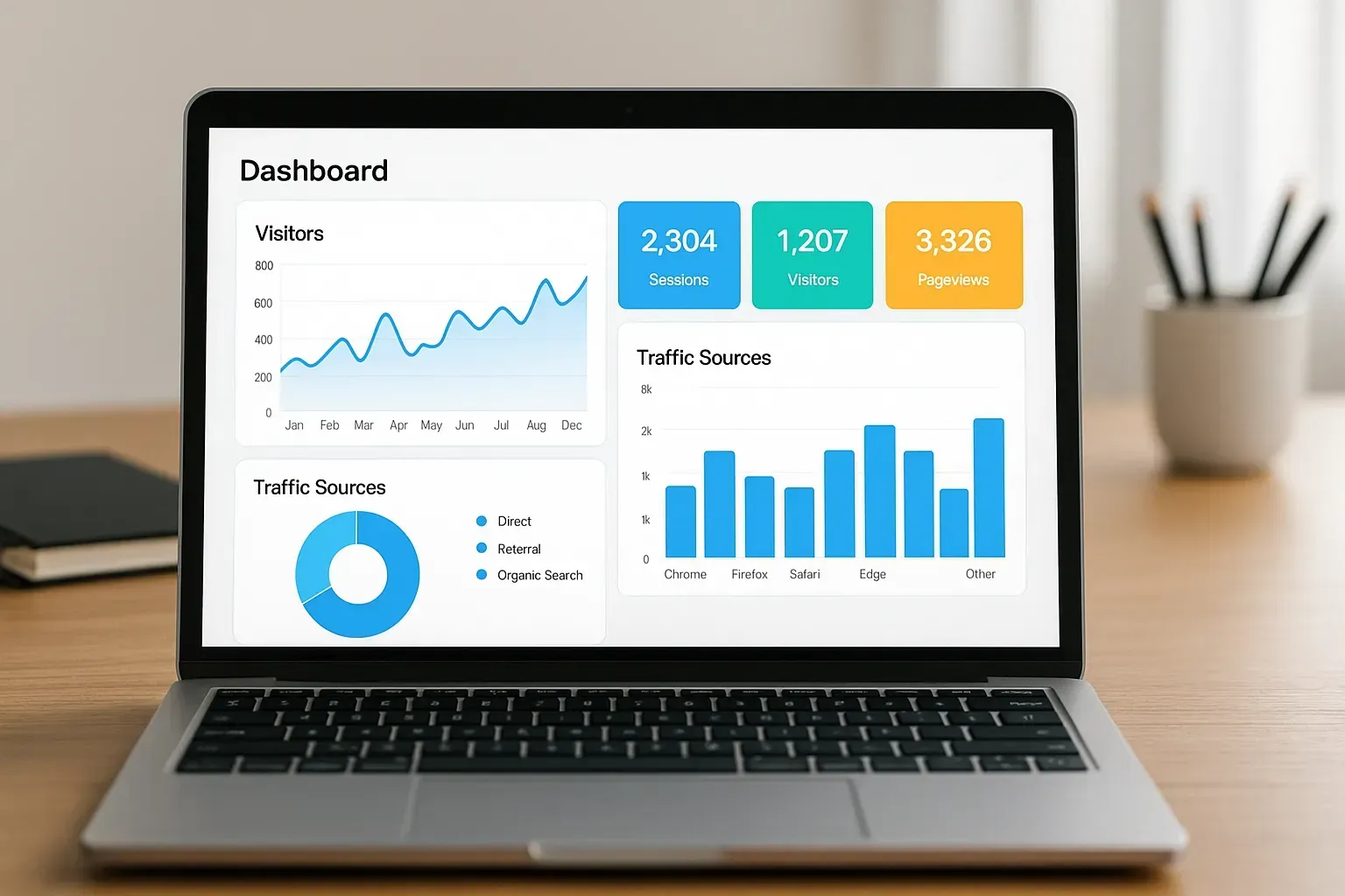 laptop on desk showing a bright dashboard with analytics