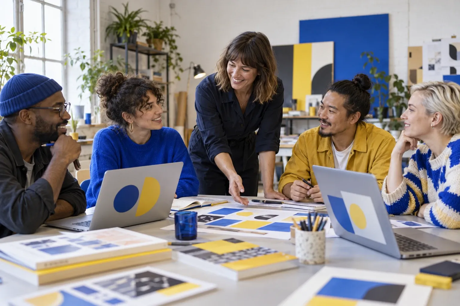 Adult learners discussing creative work together around a studio table