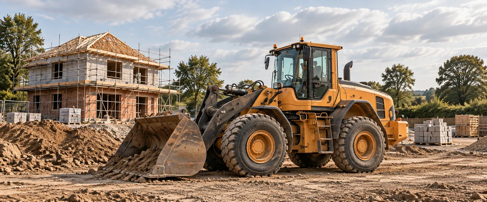 Orange wheel loader beside a house under construction