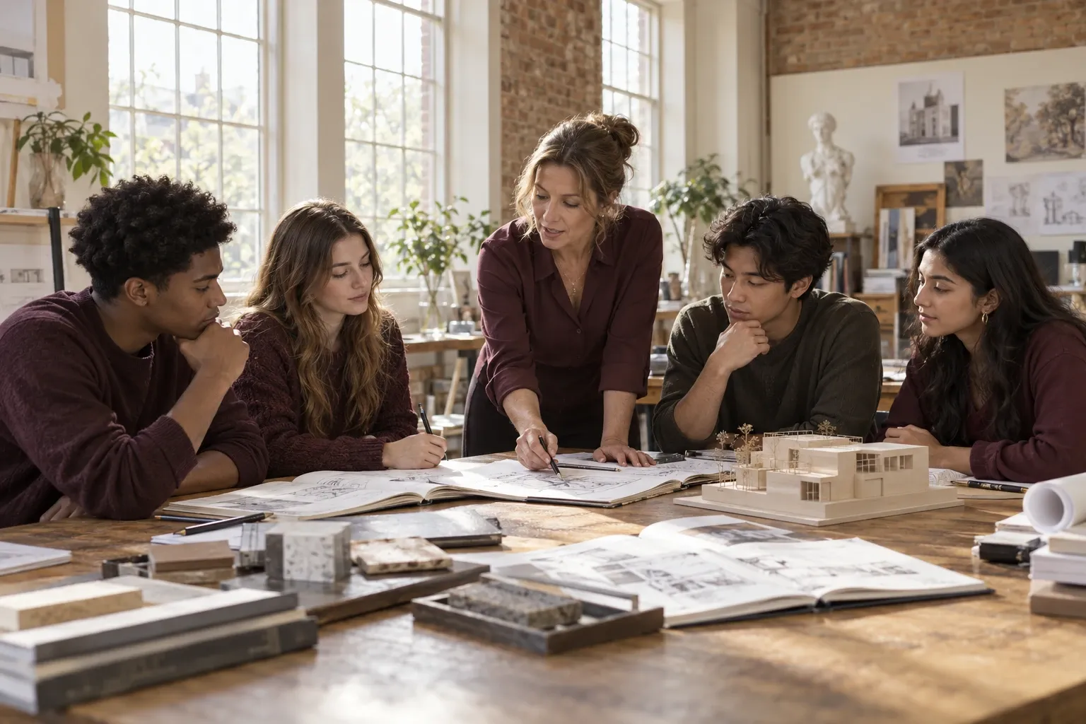A teacher and older students discussing sketchbooks and an architectural model in an academy studio