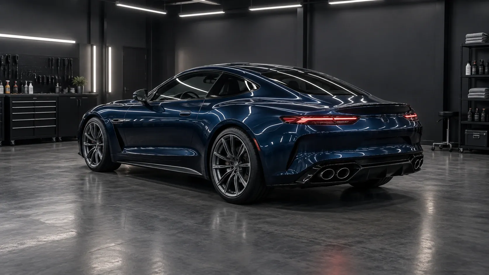 Midnight-blue coupe under studio inspection lights