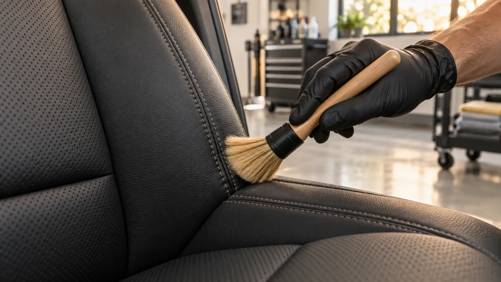 A gloved hand brushing the seam of a leather car seat