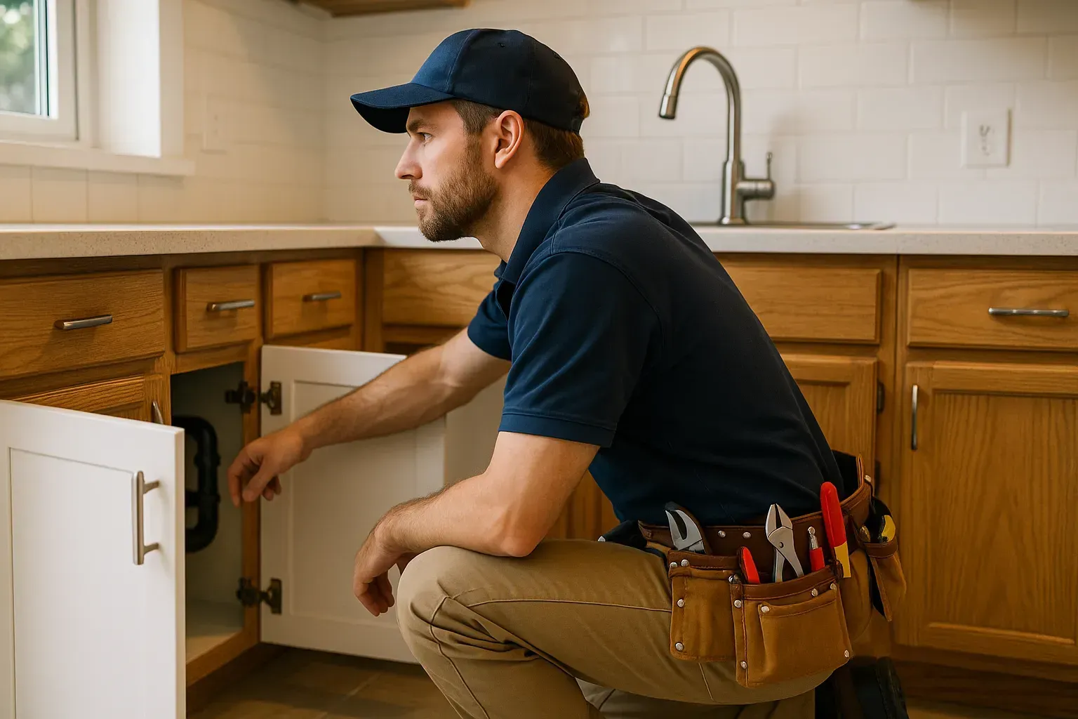 realistic photo of a plumber kneeling in a home kitchen