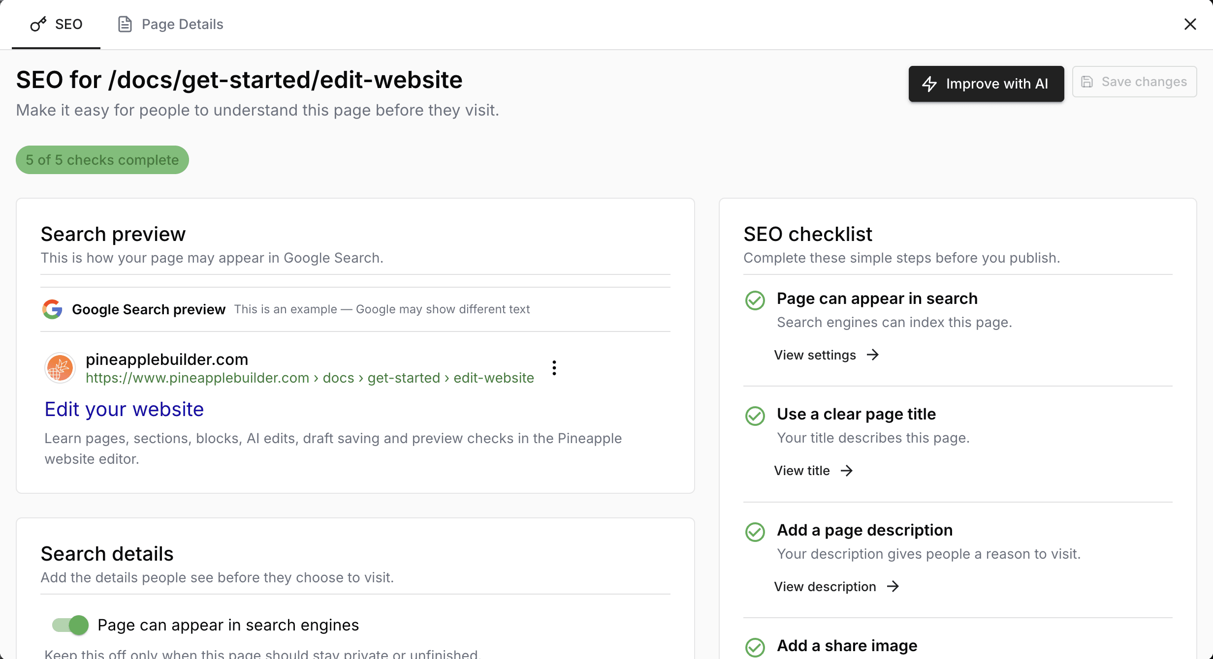 Current Pineapple SEO Settings showing a search preview, search visibility and the preparation checklist