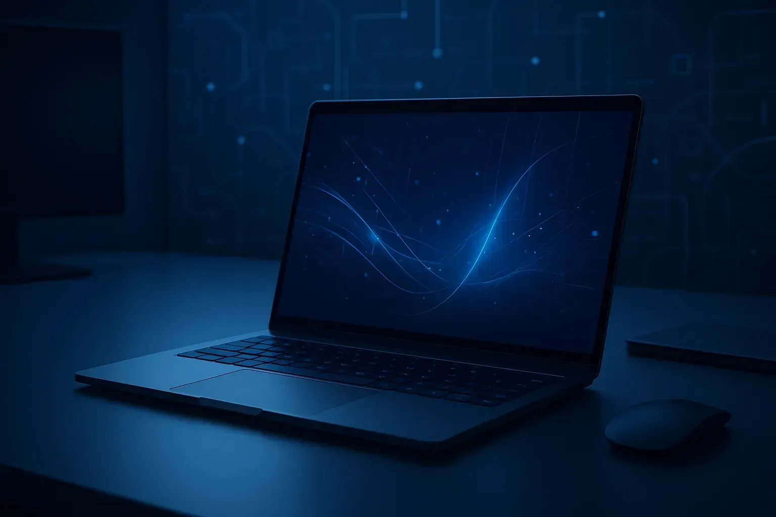 sleek tech workspace with a laptop and abstract digital grap
