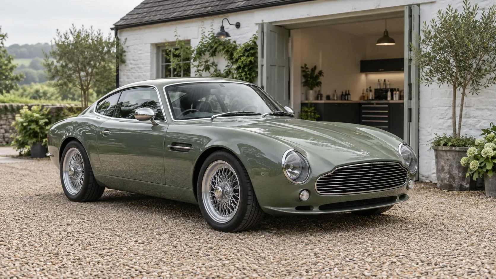 Sage-green coupe outside a bright boutique workshop