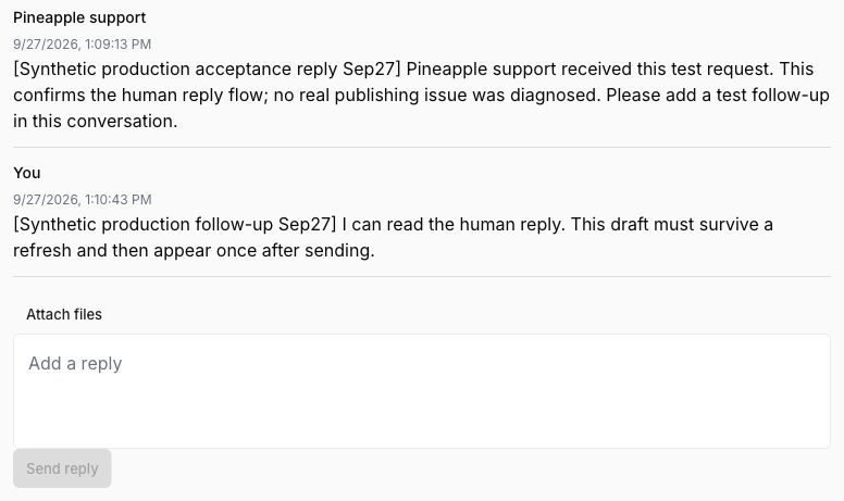 A test support conversation showing Pineapple support, a customer follow-up, Attach files and Send reply.