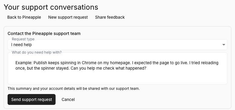 Support review form showing request type, an example summary, the sharing notice and Send support request.