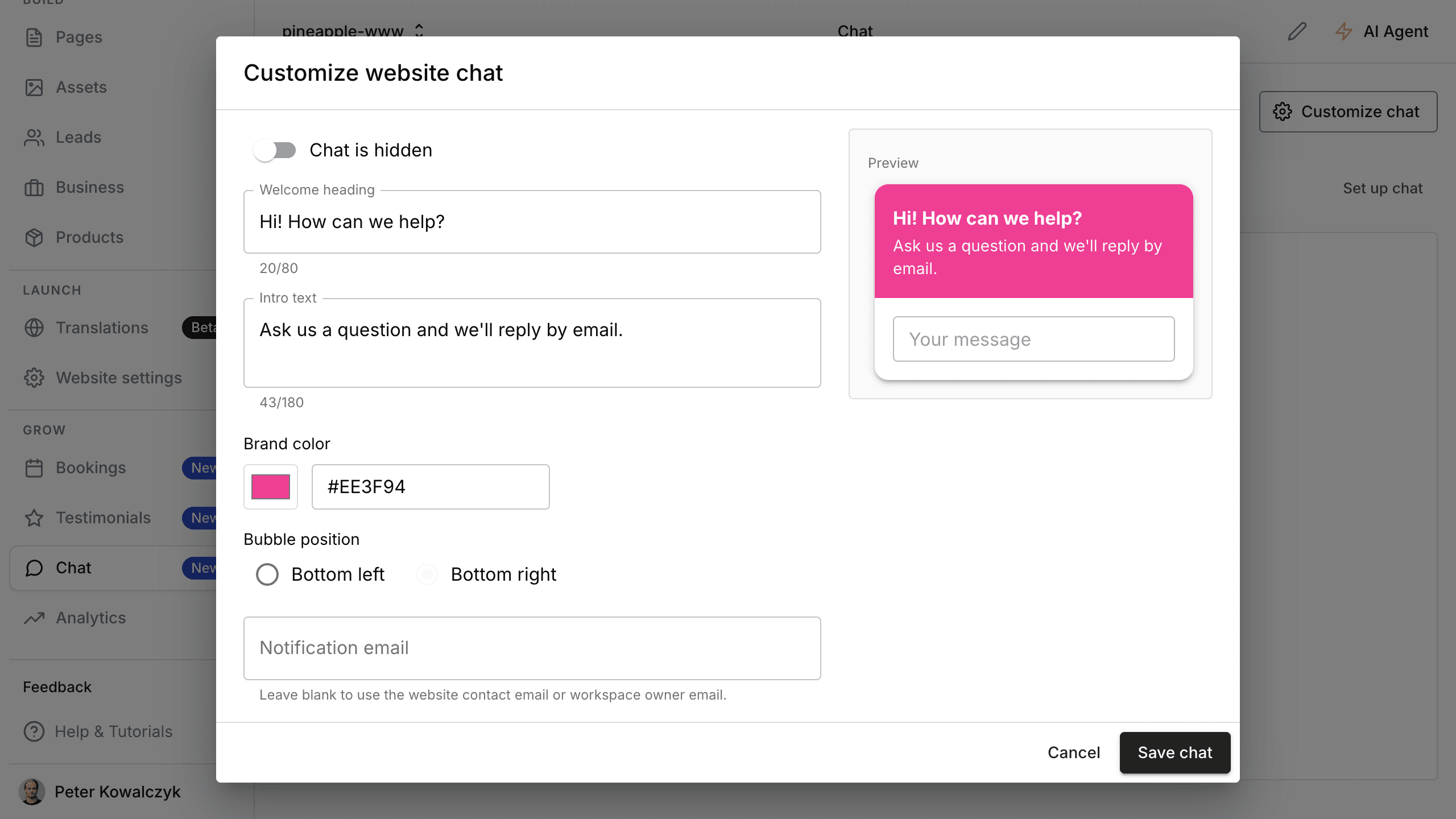 Current website chat settings with welcome text, colour, position and notification email