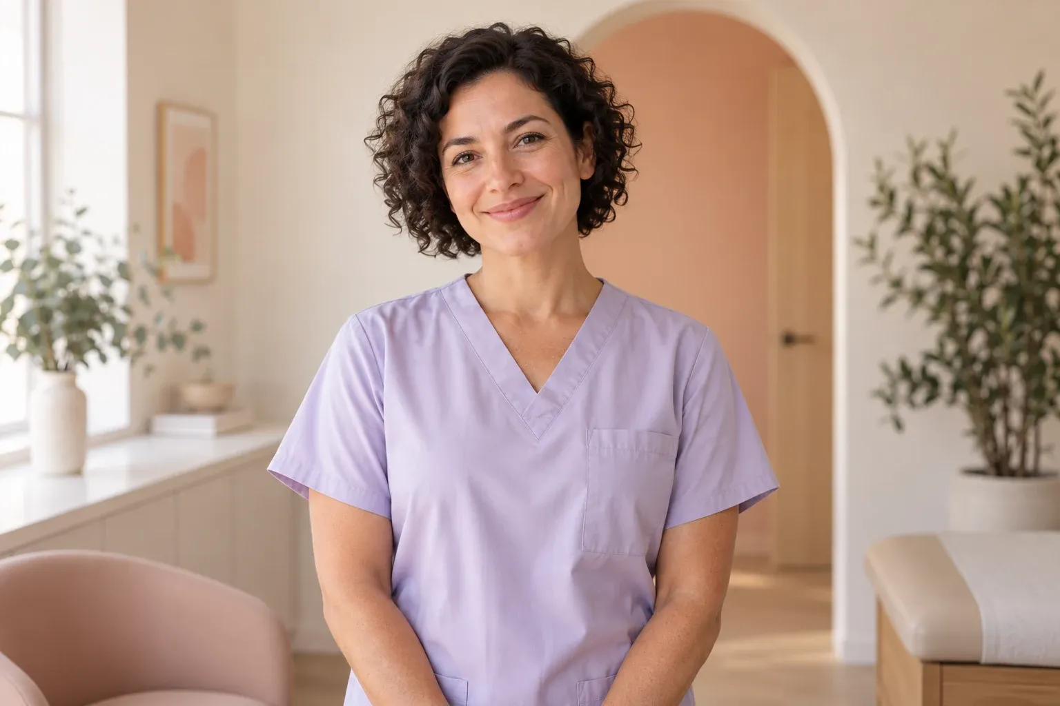 Illustrative practitioner in lavender scrubs in a warm consultation room